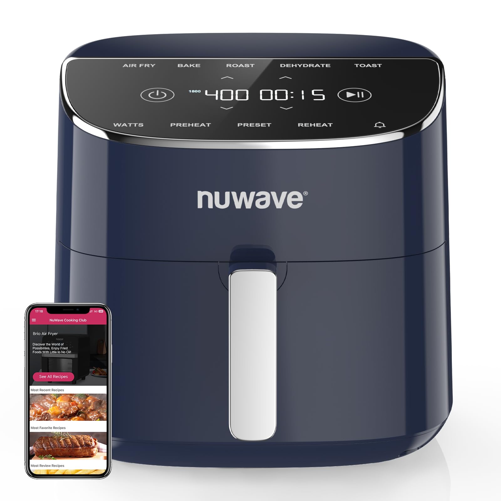 Freidora de aire Nuwave Brio Plus de 8 cuartos, nueva y mejorada, SIN PFAS, 7 funciones digitales de cocción con un solo toque que FREÍR AL AIRE, HORNEAR, ASAR, DESHIDRATAR, TOSTAR, RECALENTAR, PRECALENTAR, 150 ajustes preestablecidos, 50 °F ~ 400 °F (azul profundo)
