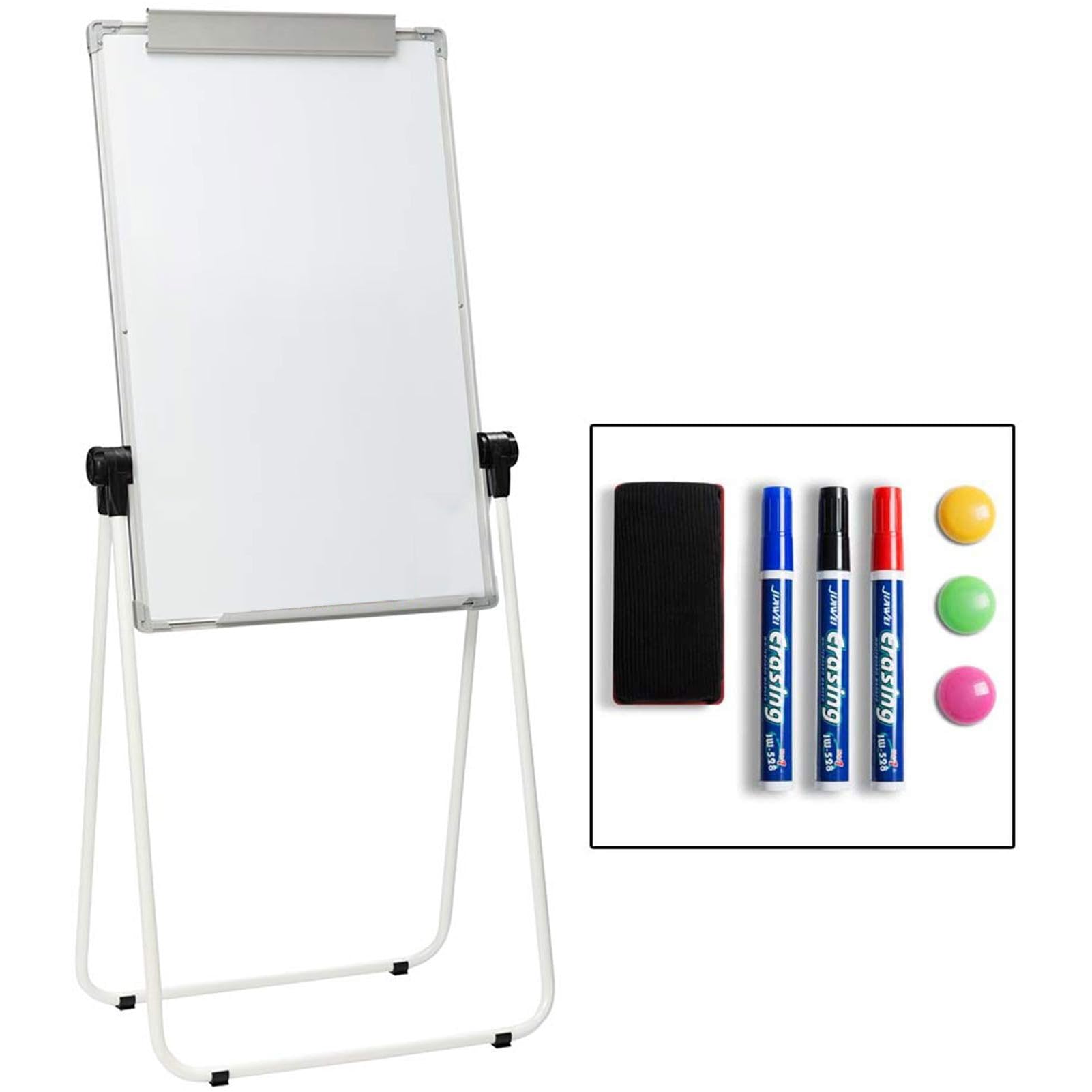 DOEWORKS Flip Chart Easel Whiteboard 90x60cm U-Stand, Double Sides Magnetic White Board Flipchart, Height Adjustable and Foldable Whiteboard for Home School Office, White