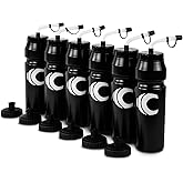 Cannon Sports 1 Liter Sports Water Bottle, BPA-Free, 34 Oz Capacity, Large Mouth, 2 lids (Straw and Squeeze), Great For Helmet Sports Such As Hockey, Lacrosse, Football, Boxing (6 Pack) (Black)