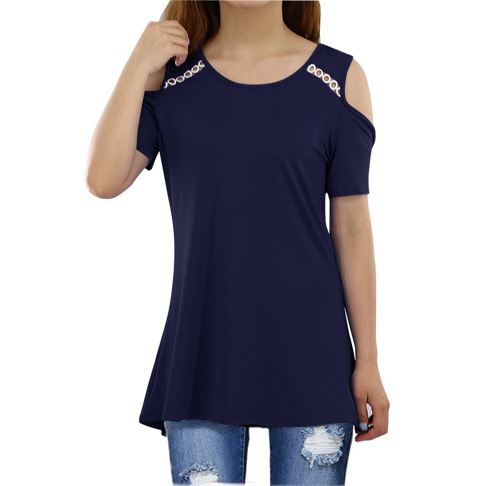 NASKY Women\'s Short Sleeve Casual Cold Shoulder Tops Round Neck Loose Blouse (Small, Dark Blue)