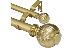 YCOLNAEFLLR Heavy Duty Adjustable Double Curtain Rod for Windows 48 to 84 Inches – 1 Inch Diameter Decorative Rods with Maple leaf Finials & Sturdy Brackets for Living Room, Bedroom – Easy to Install, Warm Gold