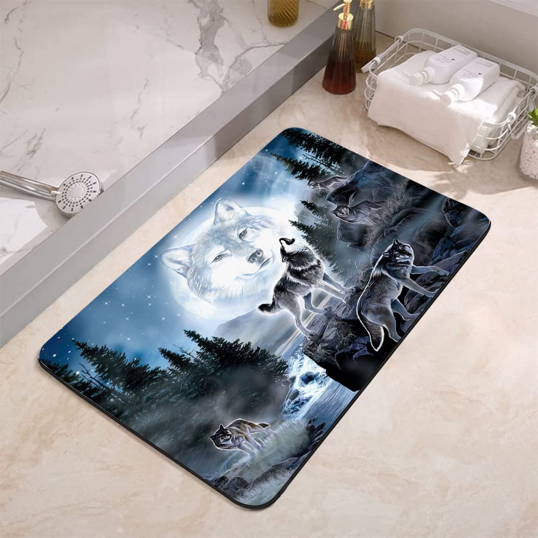 YISUMEI Bathroom Mat, Non-Slip Super Absorption Bath Carpet with Rubber Backing, Fit Under Bathroom Doormat Floor Rugs for Shower Buthtub,17"x24",Forest Wolf Moon