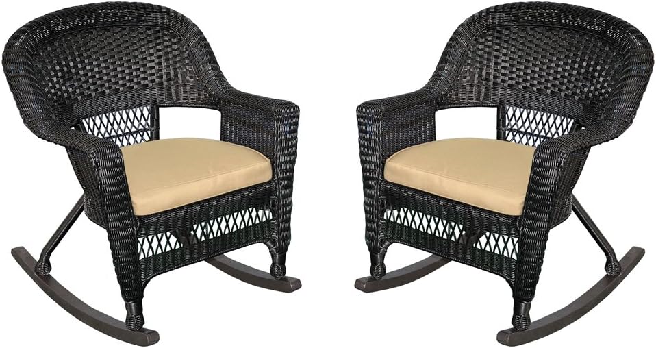 Jeco Rocker Wicker Chair with Tan Cushion, Set of 2, Espresso: Furniture & Decor