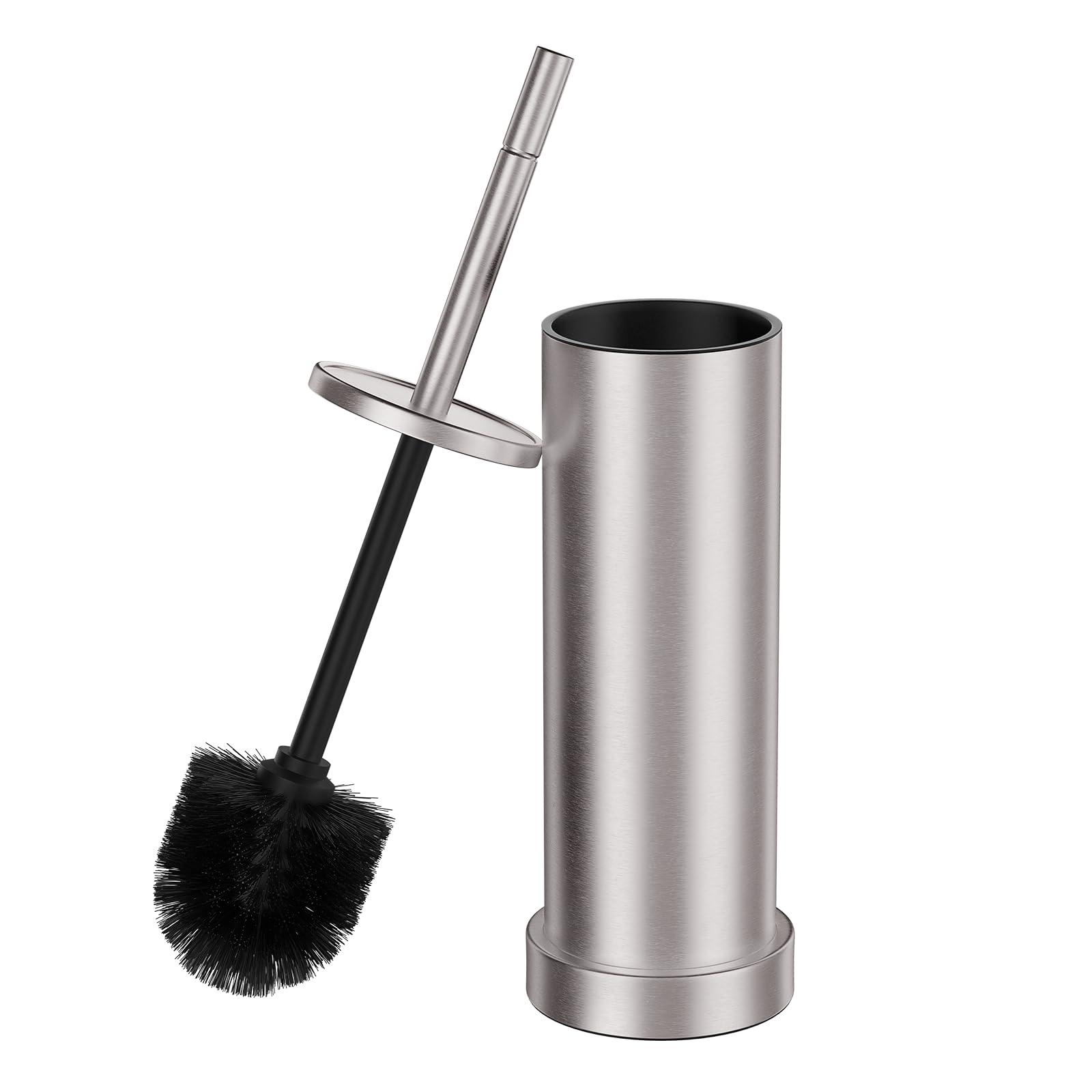 Brushed Nickel Toilet Brush and Holder Set, 304 Stainless Steel Toilet Brush for Bathroom, Heavy Duty Toilet Bowl Brush with Holder, Removable Inner Bowl and Splash Protection, Long Handle