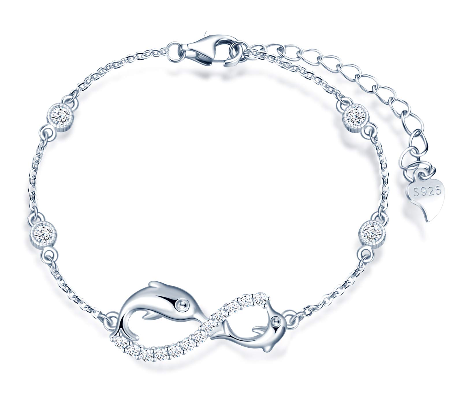 MicLee Woman's Girl's Bracelet, 925 Sterling Silver, Cute Dolphin & Infinity Symbol, Zircon Inlaid, Adjustable Chain, Unique Design, Silver