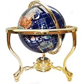 Unique Art Since 1996 14" Tall Blue Lapis Ocean Gemstone Globe with Tripod Gold Stand