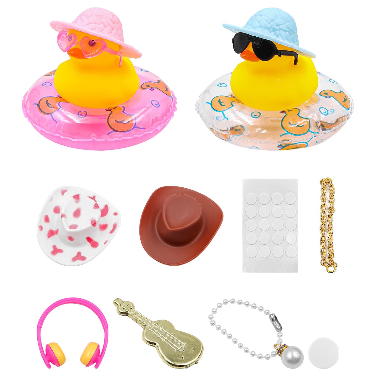 ANCLLO 2PCS Rubber Duck Decoration Dashboard Yellow Duck with Hat Sunglasses Chain Donut Guitar for Bath Bedroom Ornaments