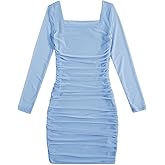 WDIRARA Girl's Square Neck Long Sleeve Ruched Bodycon Dress Casual Dresses