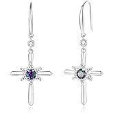 FANCIME Cross Dangle Drop Earrings 925 Sterling Silver Dainty Round Birthstone Earring Fine Jewelry Birthday Gifts for Her Women