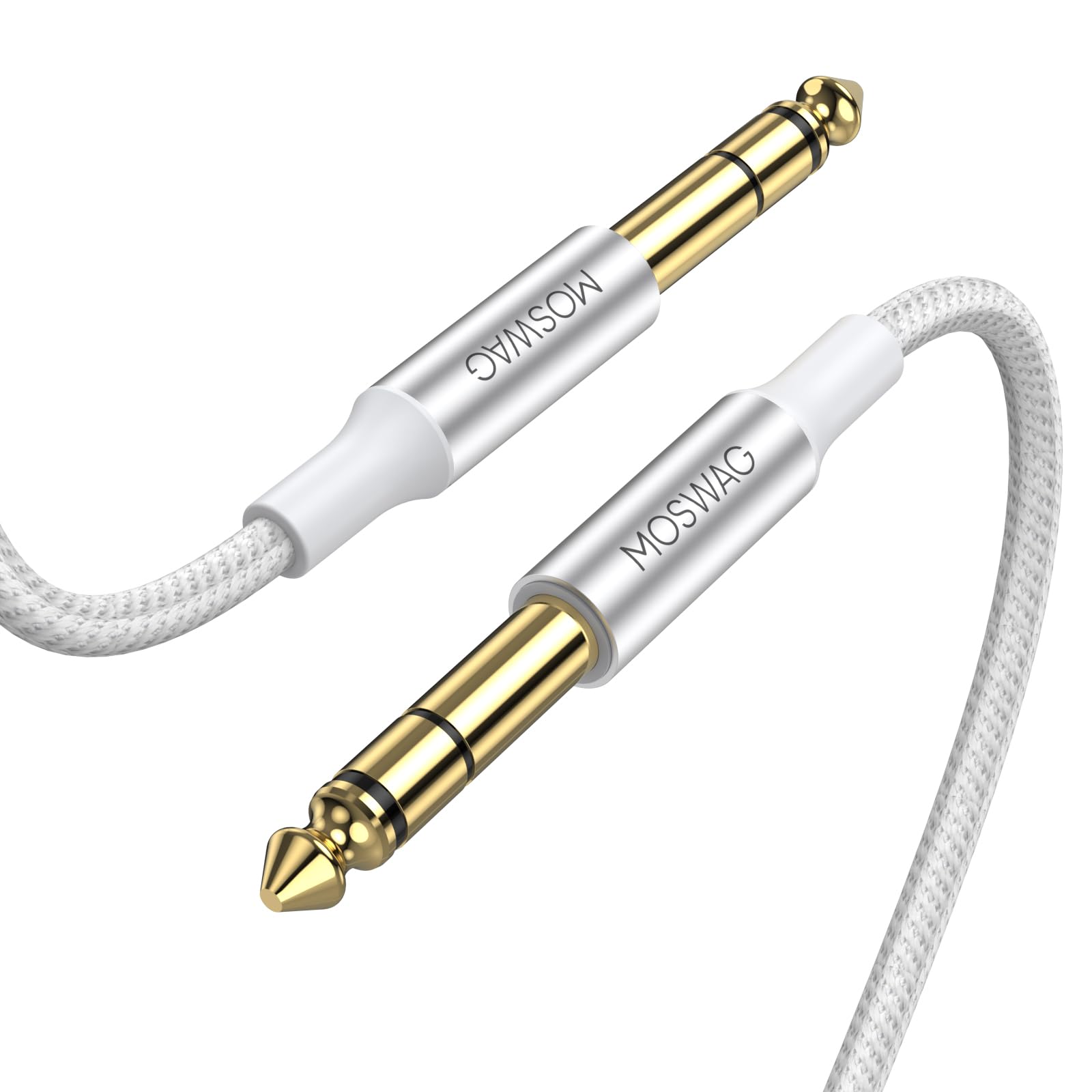 MOSWAG 6.35mm (1/4) TRS to 6.35mm (1/4) TRS Stereo Audio Cable 15 Ft Male to Male with Nylon Braided for Electric Guitar, Bass, Amplifier, Mixer, Keyboard, Speaker(White