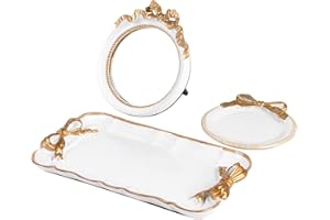 NERIEN Perfume Vanity Tray Coquette Decor - 3 Pcs Decorative Perfume Tray Set, Jewelry Tray & Bow Makeup Mirror & Vanity Tray, Gold Perfume Tray Organizers, Coquette Vintage Decor for Room Bathroom, White