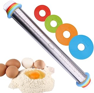 Saebye Teigrolle Edelstahl, Dicke-Verstellbares Nudelholz Einstellbar mit Distanz-Scheiben in 4 Größen, Rolling Pin Teigroller,18/8 Edelstahl, 4.5 cm Durchmesser, 44 cm Länge