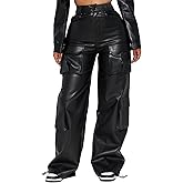 EZAPINE Women Black Faux Leather High Waisted Straight Leg Leather Business Pant Trousers, X-Large