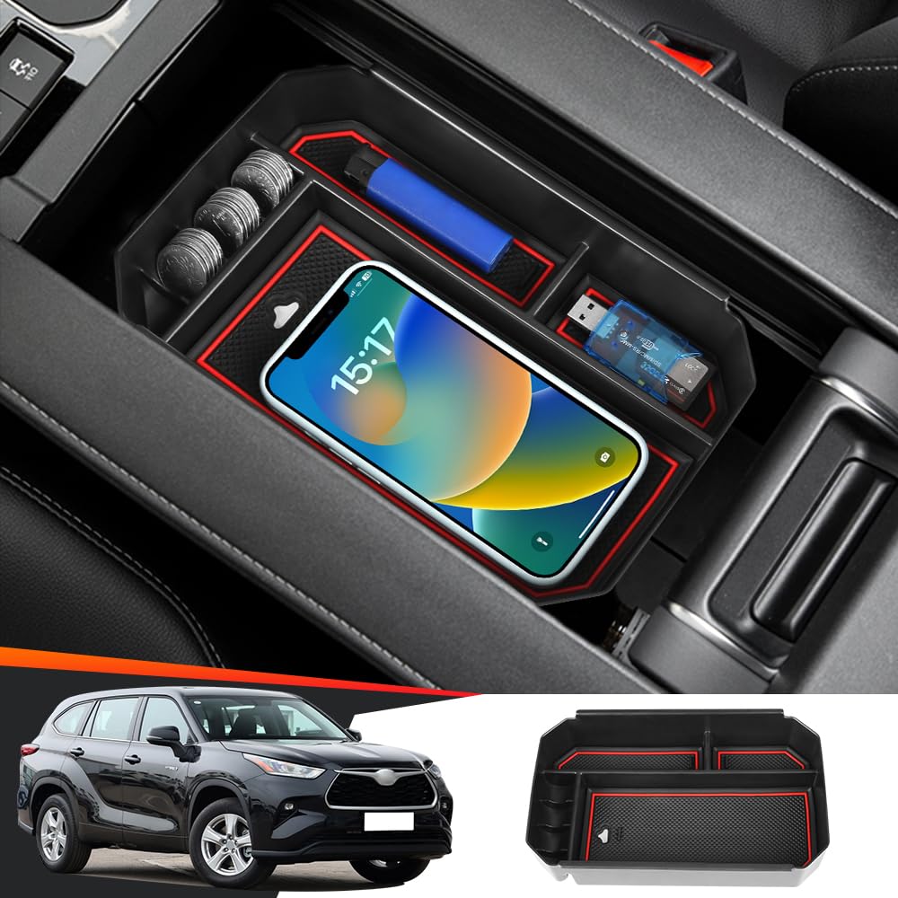 Photo 1 of LUNQIN Car Center Console Organizer Tray for Toyota Highlander 2020 2021 2022 2023 2024 2025 and Highlander Hybrid 2020-2025 Auto Interior Accessories Front Seat Middle Armrest Box Storage Accessory