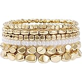 Sajidos Gold Plated Beaded Bracelets for Women Trendy, 14K Gold Plated Stack Cross Pearl Gold Plated Bead Stretch Bracelets Set Elastic Hypoallergenic Bracelets Jewelry Gifts