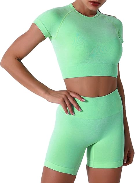 Amazon Co Jp ヨガパンツ ヨガウェア 上下セット おしゃれ 可愛い レディース 女性の夏のトラックスーツ2ピース衣装ラウンドネック半袖クロップトップハイウエストシームレスヨガショーツレギンストレーニングセット スポーツウェア レディース ヨガウェア 上下2点