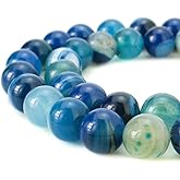 BEADNOVA 8mm Natural Blue Banded Agate Gemstone Round Loose Smooth Beads for Jewelry Making Approx 16 Inch 48~50 pcs Strand