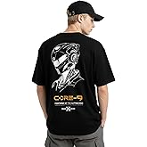 FROPEDGE Men's Black Future Cyber Mecha Pattern Print Techwear T-Shirt Cotton Streetwear Hip Hop Futuristic Shirt for Men