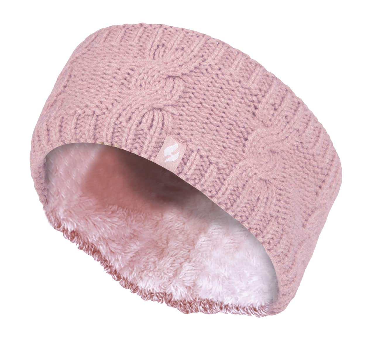 Heat Holders - Ladies Thick Cable Knitted Fleece Lined Thermal Winter Empty Skull Ear Warmer Headband (One Size, Dusky Pink)