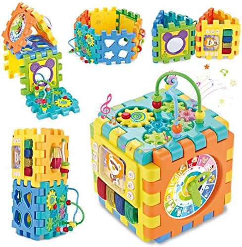 Aduli 赤ちゃんおもちゃ 多機能形合わせ 知育玩具 リングビーズコースター 音と光 立体 パズル 楽器おもちゃ ブロック 6面に12種遊び 早期開発 指先訓練 聴覚発達 色認知 動物認知 図形認知 ラーニングボックス 男の子 女の子 1歳児 おもちゃ 人気ランキング 出産祝い