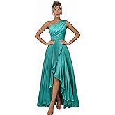 IVNGRPZK One Shoulder Bridesmaid Dresses for Women Satin Pleated Long A Line Formal Prom Evening Dress with Slit
