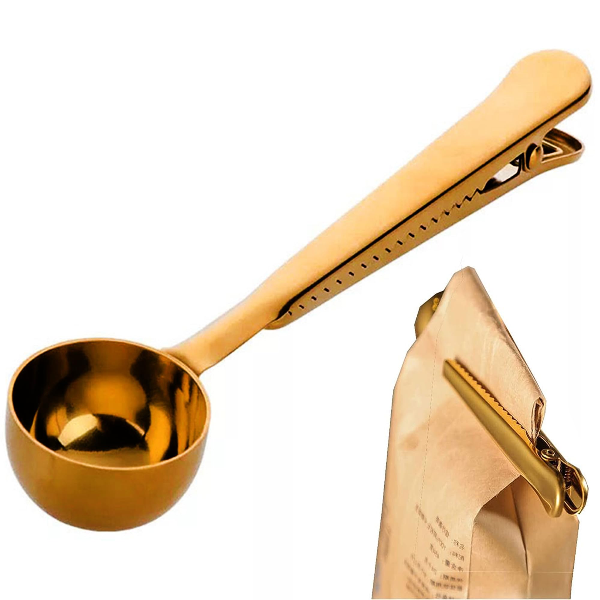 MINGZE Stainless Steel Coffee Measuring Scoop, with Bag Seal Clip Spoon for Milk Powder Tea Oatmeal, for Ground Coffee and Beans, Great Gift Basket Idea (Gold)