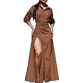 Ekaliy Women's Button Down Maxi Shirt Dress Double High Slits Long Sleeve Flowy Maxi Button-Up Dress