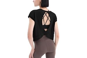 Loovoo Women's Open Back Workout Crop Tops Short Sleeve Yoga Shirts Cute Athletic Running Casual Backless Top Loose Fit