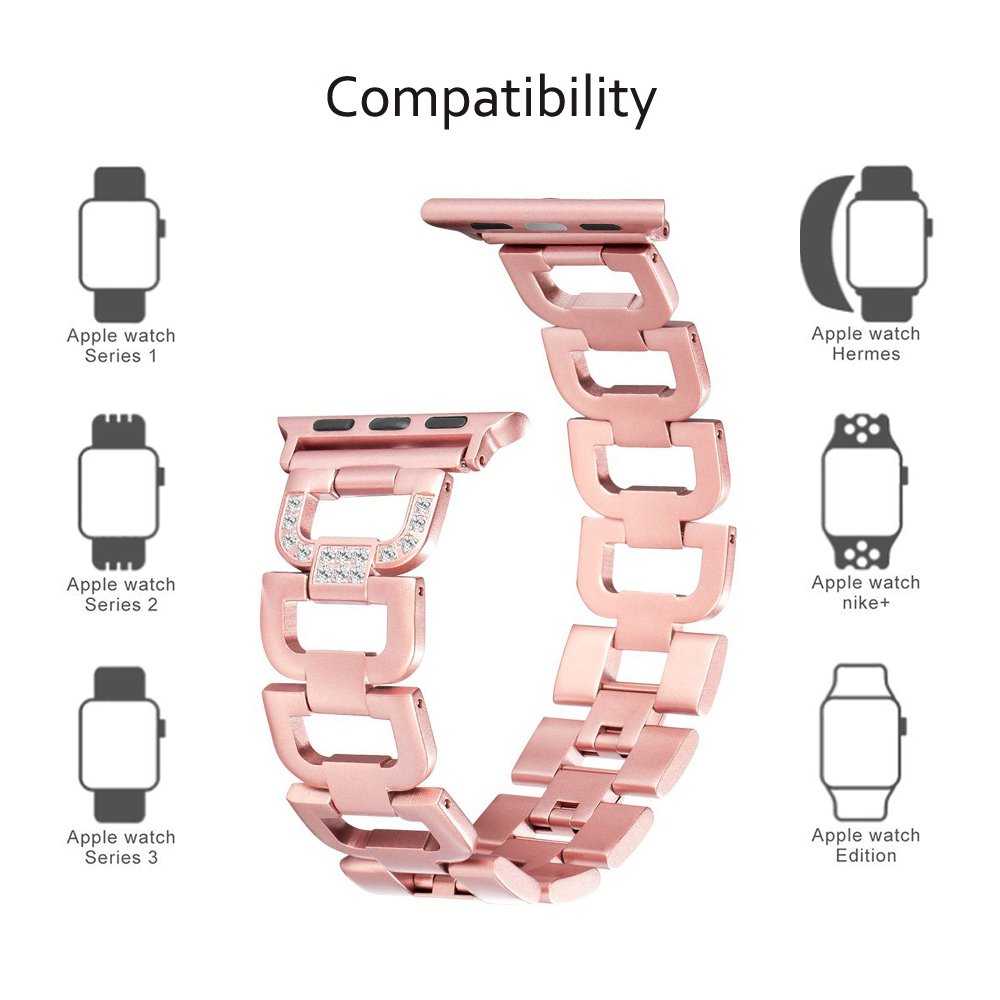 Magnve Bling Band for Apple Watch Band 38mm,Women Stainless Steel Metal Fashion Design Replacement Wrist Strap And Screen Protector, for iWatch Series 3 Series 2 Series 1 Sport (38mm Rose Gold)