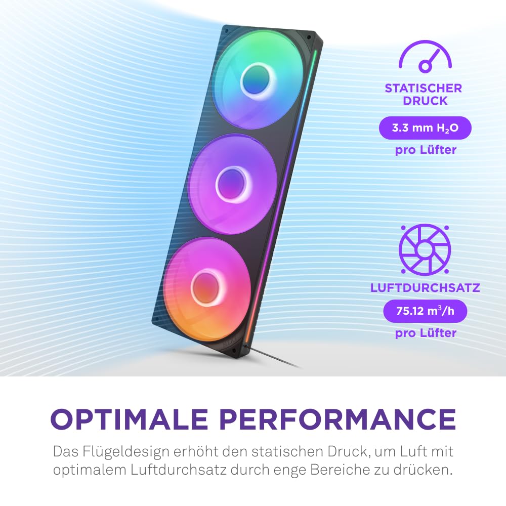 NZXT F360 RGB Core - 360 mm Einzelrahmen-Lüftereinheit mit 3 x 120 mm RGB-Lüftern - Drehzahl- und Beleuchtungssteuerung - Hoher statischer Druck und Luftstrom - 8 aRGB-LEDs pro Lüfter - Schwarz 4