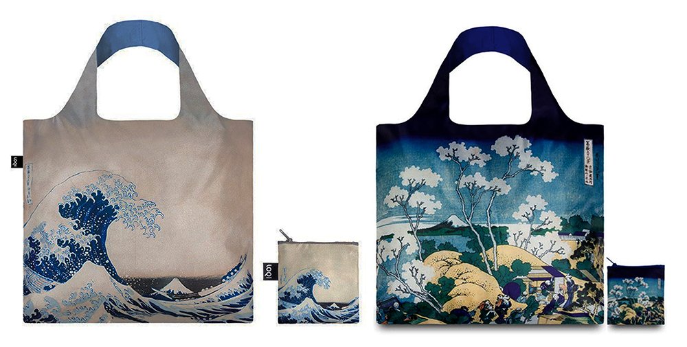 Loqi Museum Collection Set of 2 Asian Inspired Reusable Shopping/Grocery Bags~Hokusai's Fuji from Gotenyama & The Great Wave. Compact, Foldable into zippered Pouch, Supports up to 44 lbs. Eco-Friendly