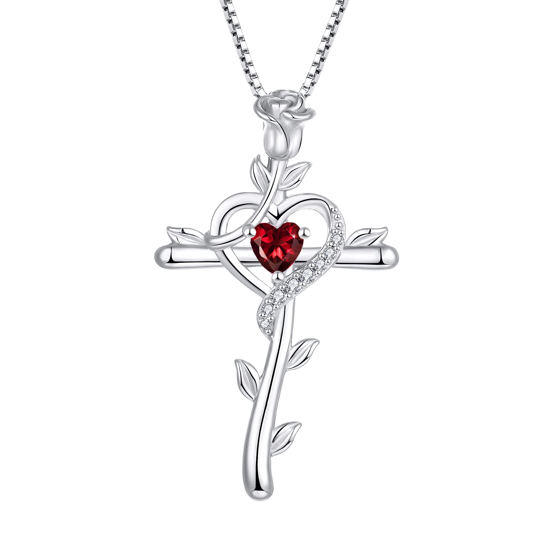 starchenie Cross Necklace 925 Sterling Silver Heart Birthstone Rose Crucifix Ruby Zirconia Pendant Jewelry Gift for Women