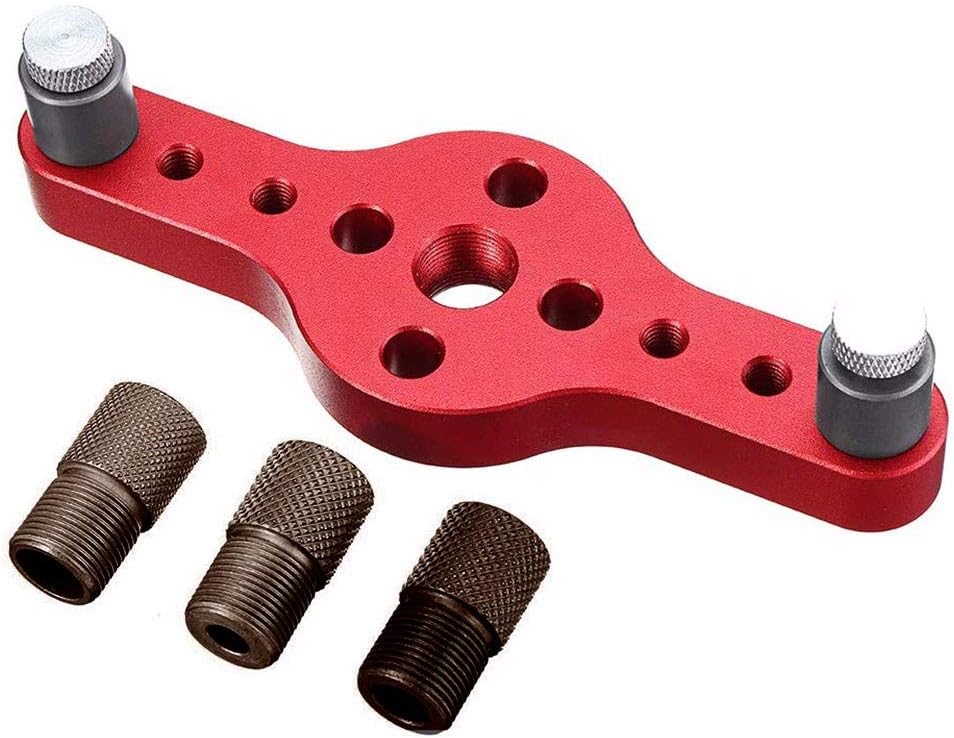 Dowel Drill Guide, 5.51inch Aluminum Alloy 3 Holes Woodworking Drill Bit Guide Jig Positioner Locator Craft Hand Drill Tool for Carpenters Beech Holing with 6/8/10mm Drill Bushing (Red)