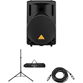 Behringer EUROLIVE 800 Watts 2-Way Passive PA Speaker, Black, Bundle with Turnstile Audio Speaker Stand, XLR M to F Cable 25'