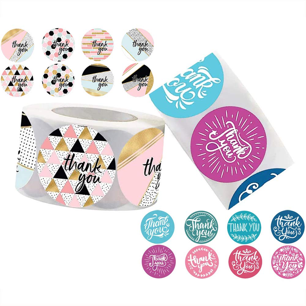 Thank You Stickers Roll, 16 Designs 1'' Thank You Labels, 2 Roll /1000 Stickers Boutique Supplies for Business, Gift Bags, Envelopes, Decoration, Online Sales (1 in-Colorful)