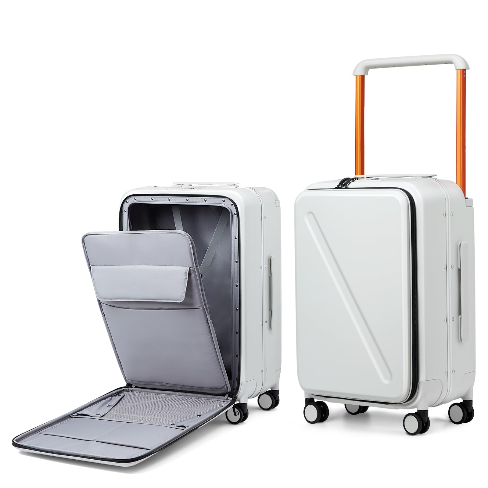 MILADA Wide Handle Luggage with Front Pocket Hardshell Aluminium Check In Suitcase with Wheels Medium 24 Inch Front Opening Checked Luggage with Spinner Wheels TSA Lock Airline Approved Luggage, White