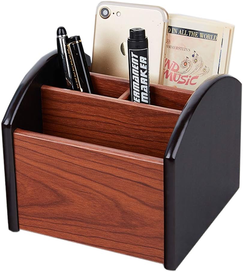 Penxina Revolving Wooden TV Remote Control Caddy Office 4 Compartments