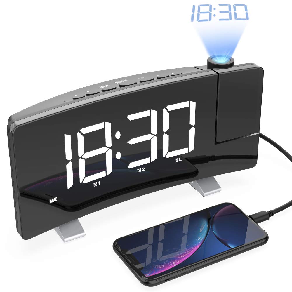 Projection Alarm Clock, 7" Large LED CurvedScreen Projection