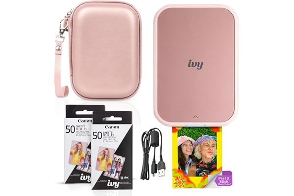 Canon Ivy 2 Mini Photo Printer (Blush Pink) - Bluetooth, Print from iOS & Android Devices, Bundle Incl. 110 Zink Sticky-Back Prints, LED Light Bar, Protective Case, and USB Cable