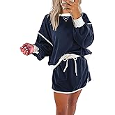 miduo Womens Color Block Casual Long Sleeve Sweatshirt and Drawstring Mini Skirt Matching Sets 2 Piece Skirt Set