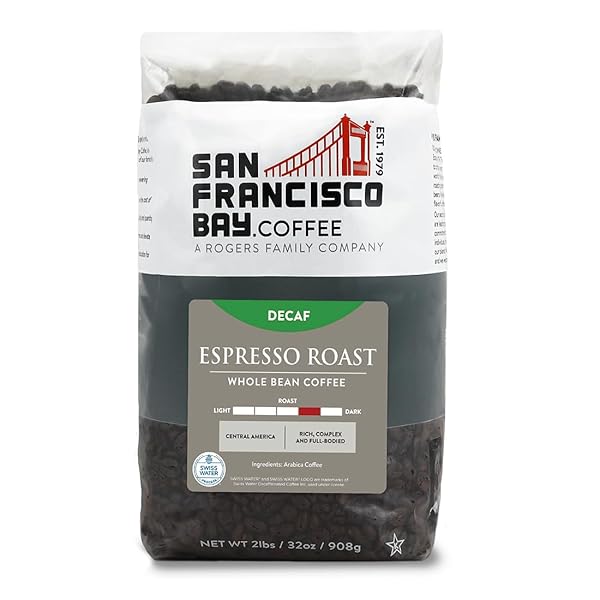 SAN FRANCISCO BAY COFFEE – DECAF MEDIUM-DARK ROAST WHOLE BEAN COFFEE – DECAF ESPRESSO ROAST (2 LB BAG) – SWISS WATER PROCESSED