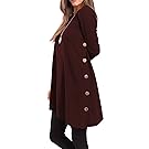 ASCHOEN Women's Long Sleeve Casual Dress Loose Button Side Tunic Oblique Hem T-Shirt, Wine Red L