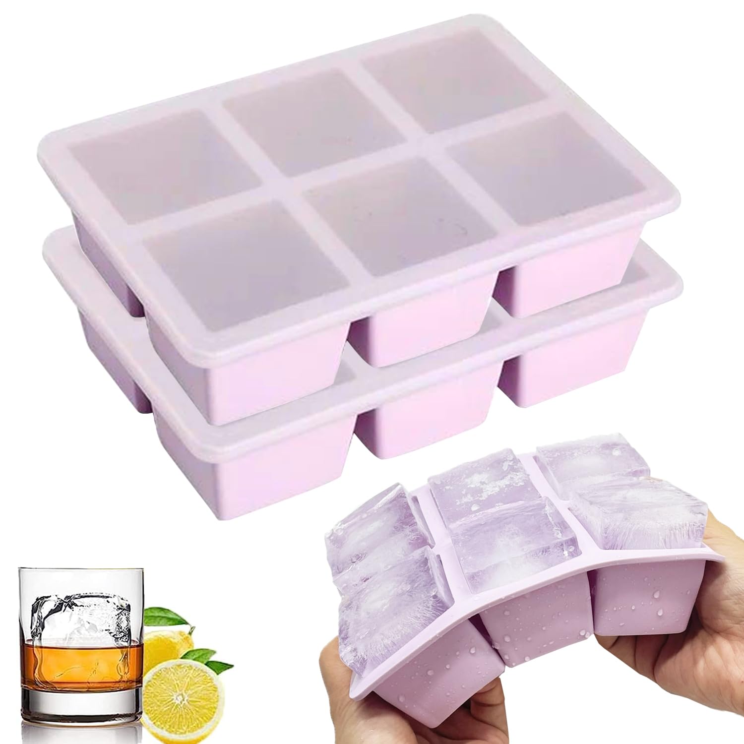 Theuwnee Platinum-Silicone Large Ice Cube Tray, 2 Pcs Ice Moulds with Lid, Easy-Release, Odourless, Stackable and Dishwasher Safe, for Beer, Whisky, Cocktail and Baby Snack Included, BPA Free(Yellow)