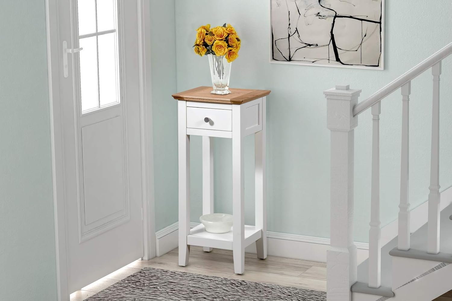 Hallowood Furniture Clifton Oak Tall Green Off White Console Table with Light Oak Top - Image 3