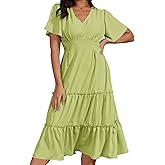 Jayscreate Women's Casual V Neck Boho Summer Tiered Midi Dress Flowy Short Sleeve Long Swing Tie Dress for Women 2025