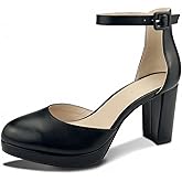 UMECOOL Chunky Closed Toe Heels for Women, Women's Platform Chunky Heels Closed Toe Block Ankle Strap Dress Buckle Round Toe Wedding Party Comfortable Pumps Shoes