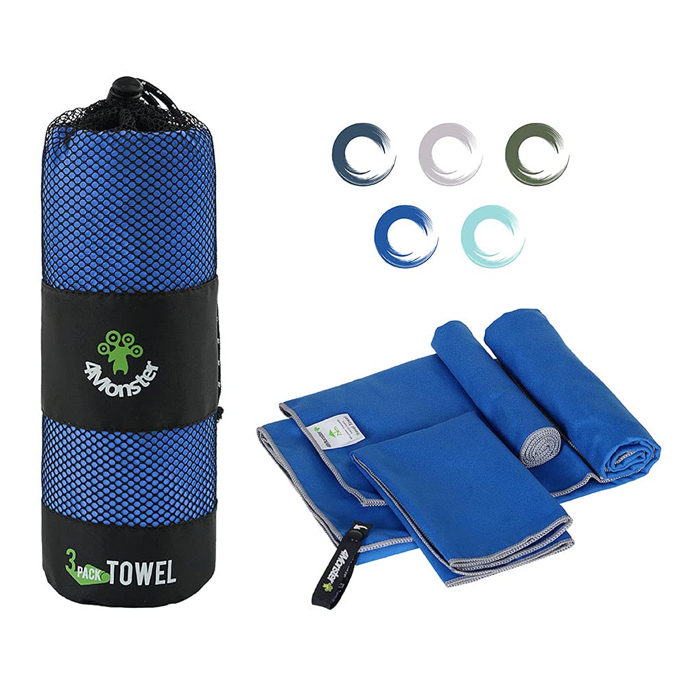 4Monster 3 Size Microfibre Gym Towels at 1 Pack, Quick Dry Travel Towel Ultra Lightweight, Super Absorbent Spots Beach Camping Towel for Gym Beach Camping Sports Swimming Hiking (Pure Blue)