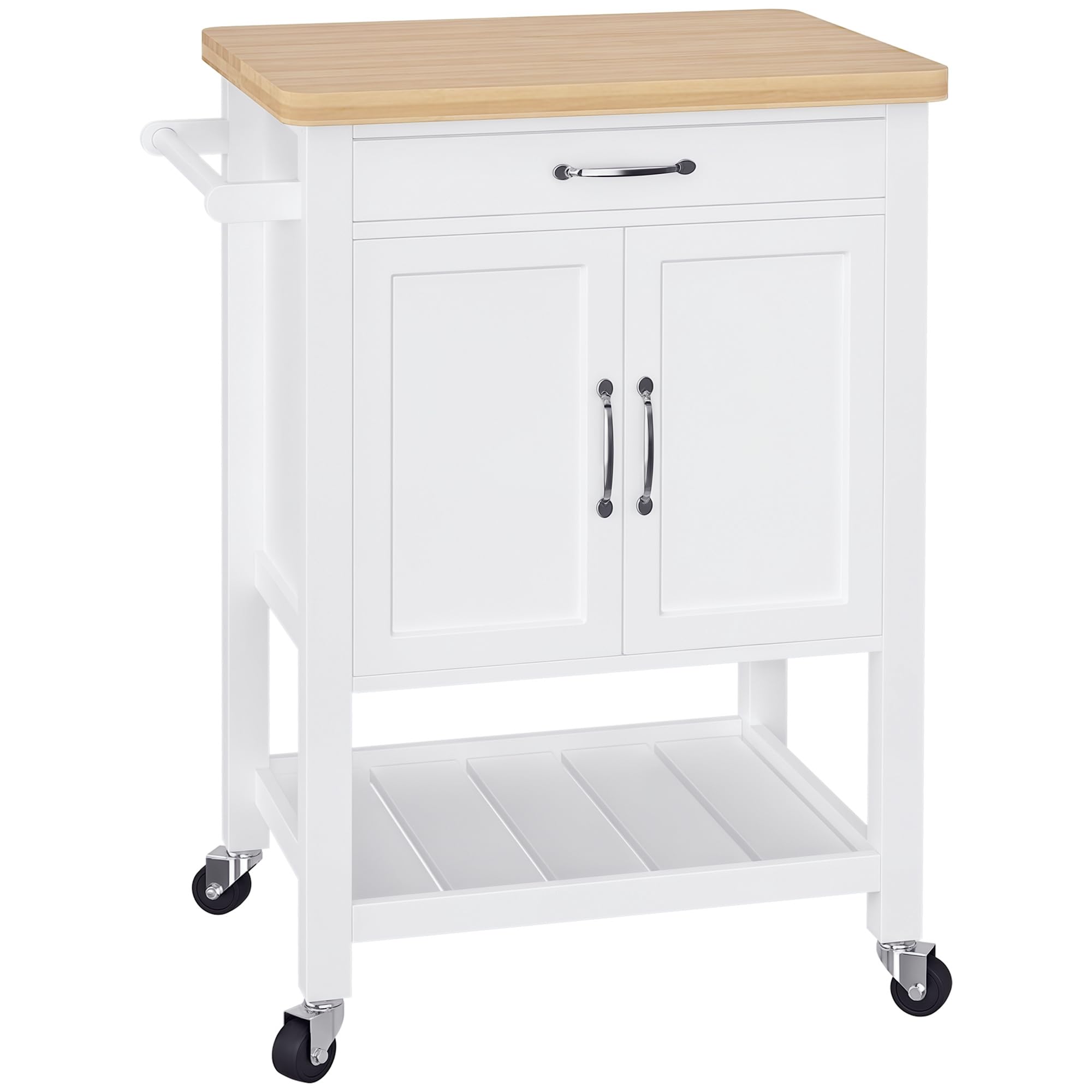 HOMCOM Kitchen Storage Trolley Cart Rolling Wheels Shelves Cupboard W/Drawer And Towel Rail Rubber Wood Worktop White