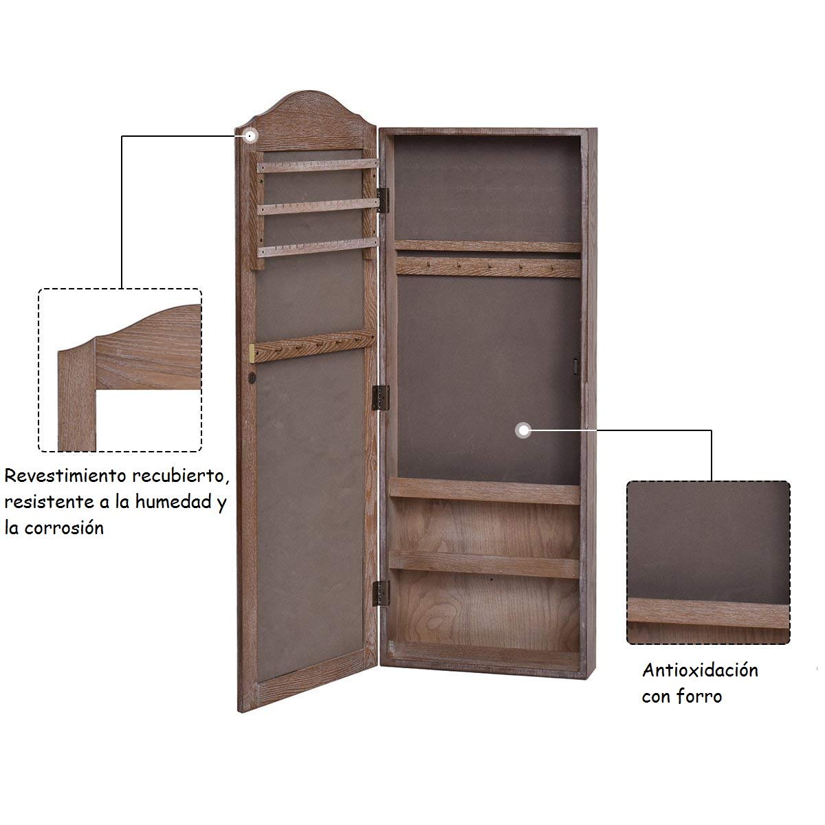COSTWAY Armario Joyas Espejo De Cuerpo De Madera Para Pared Con Joyero