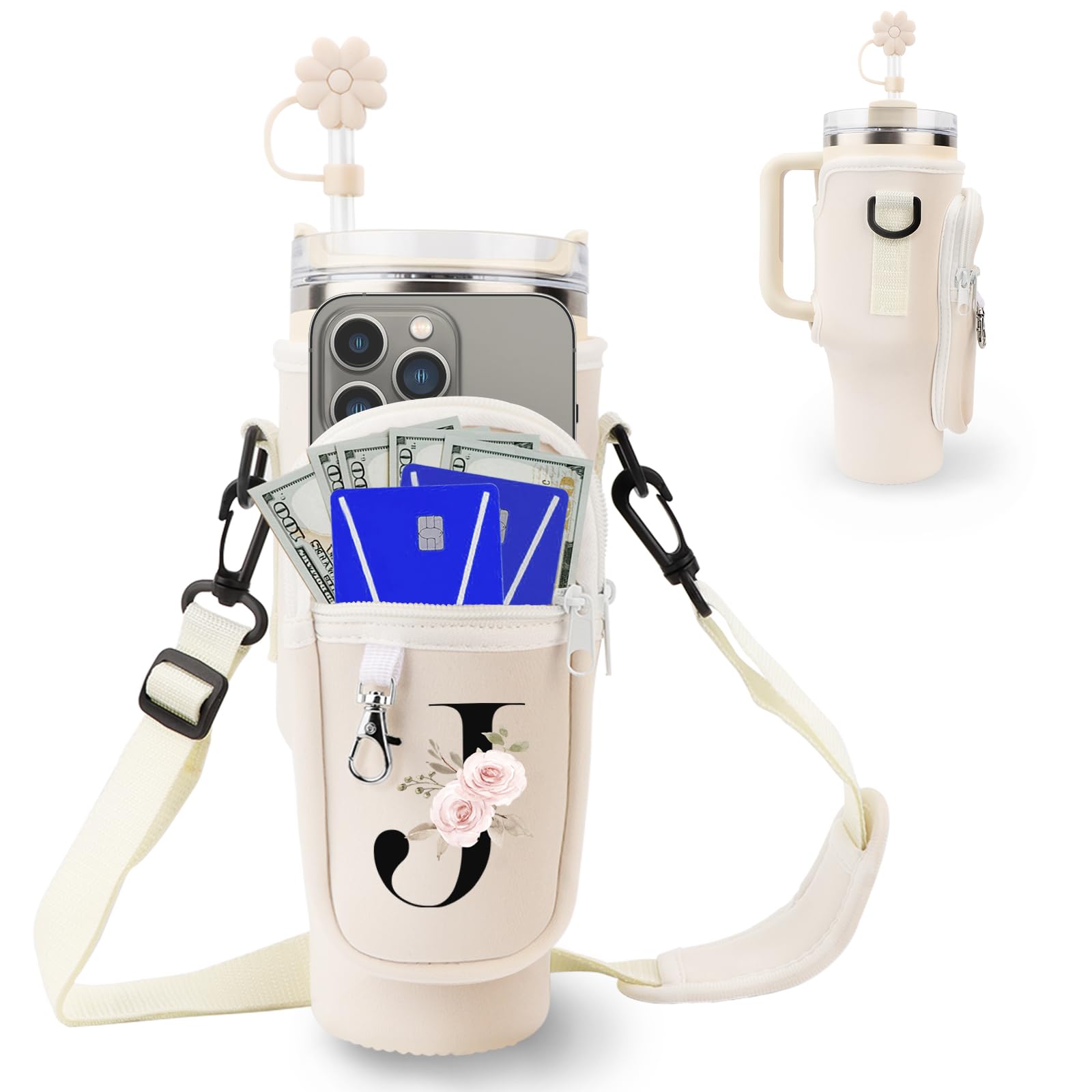 Initial Personalized Water Bottle Bag for Stanley 40oz Tumbler,with Phone Pocket,Neoprene Water Bottle Carrier with Adjustable Strap and Straw Cover & Carabiner,for Stanley Cup Accessories (J)